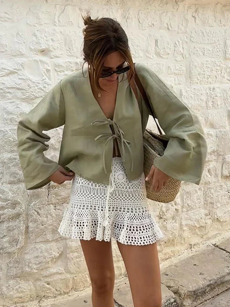 Feminine Tie Front Long Sleeve Top