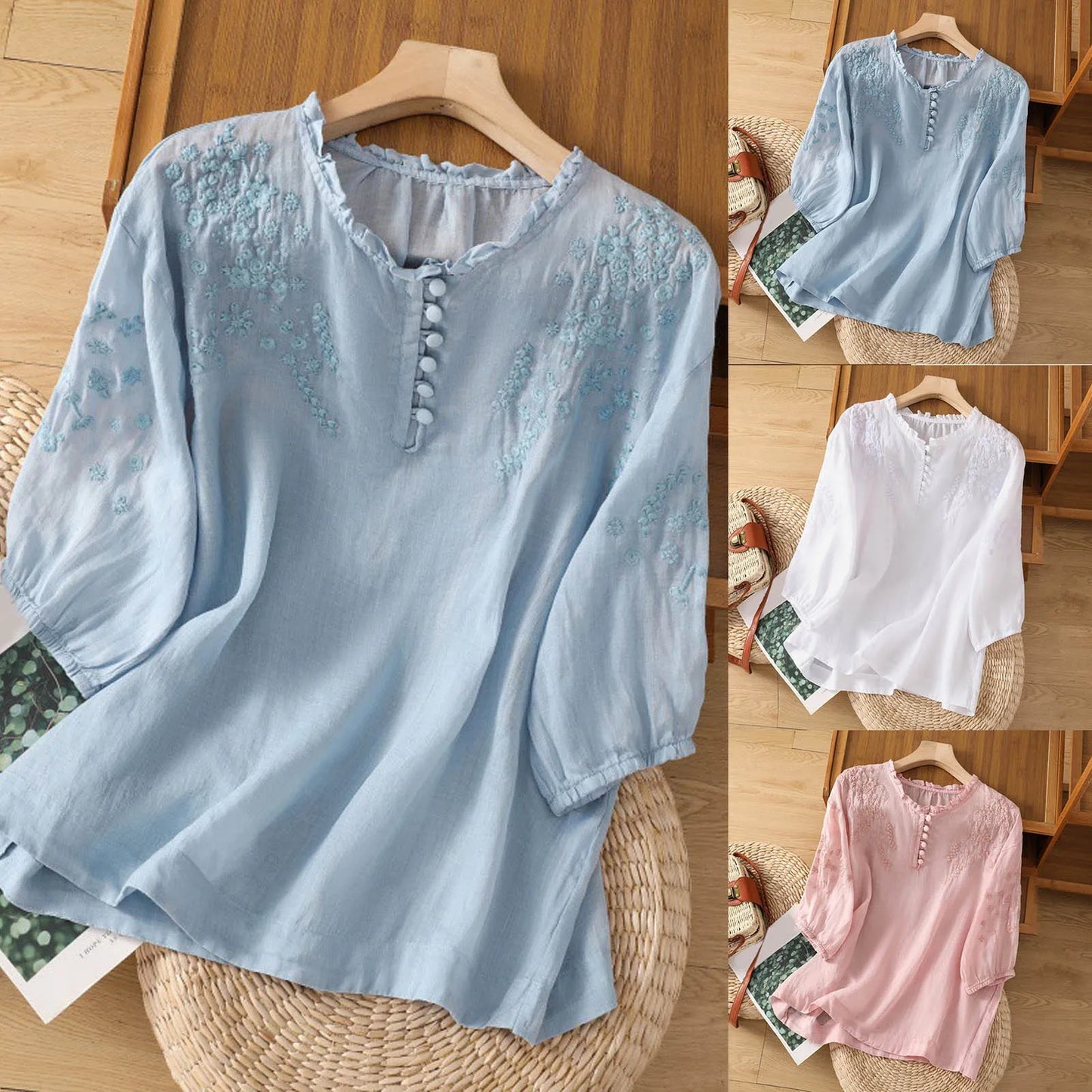 Classic Embroidered Front Button Top