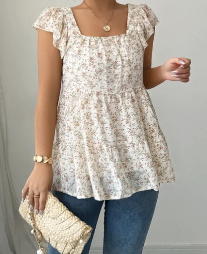 Ladies Floral Blouse with Ruffled Sleeves