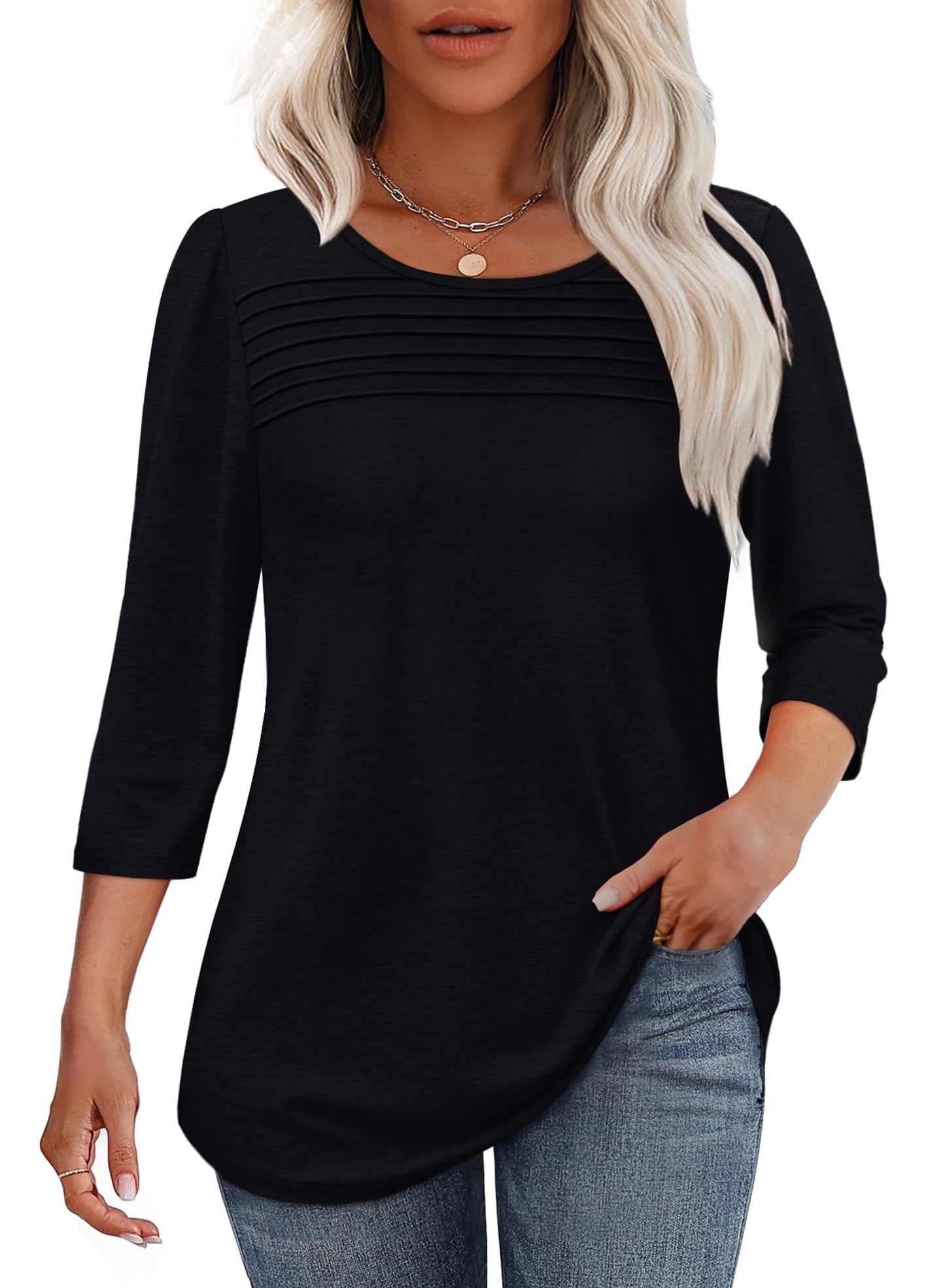 Variant image for Sofia | Pleated Blouse - 3/4 Sleeve V-Neck Dressy Casual Top-26