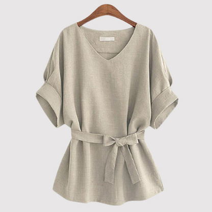Ladies' Relaxed Fit V-Neck Blouse with Waist Belt - Luxivelle