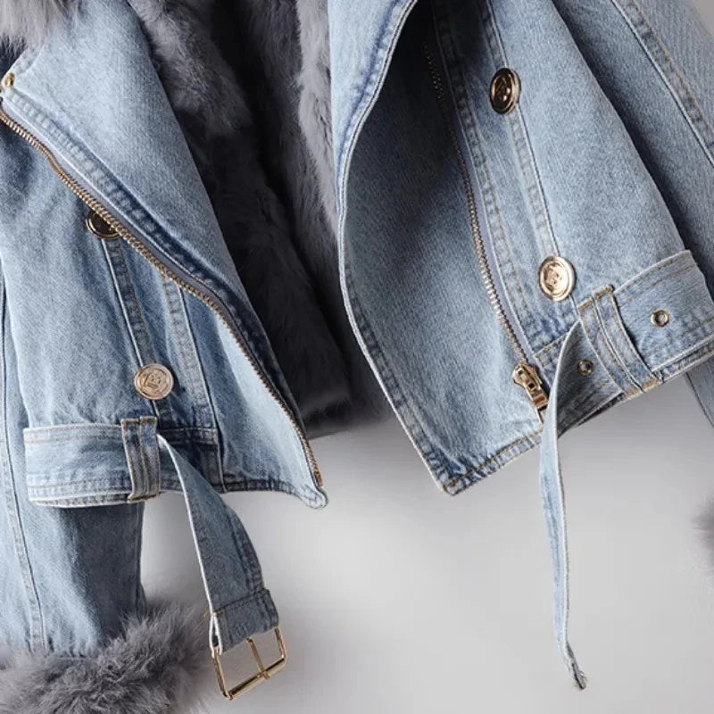 Women's Classic Blue Jeans Jacket with Embellished Details