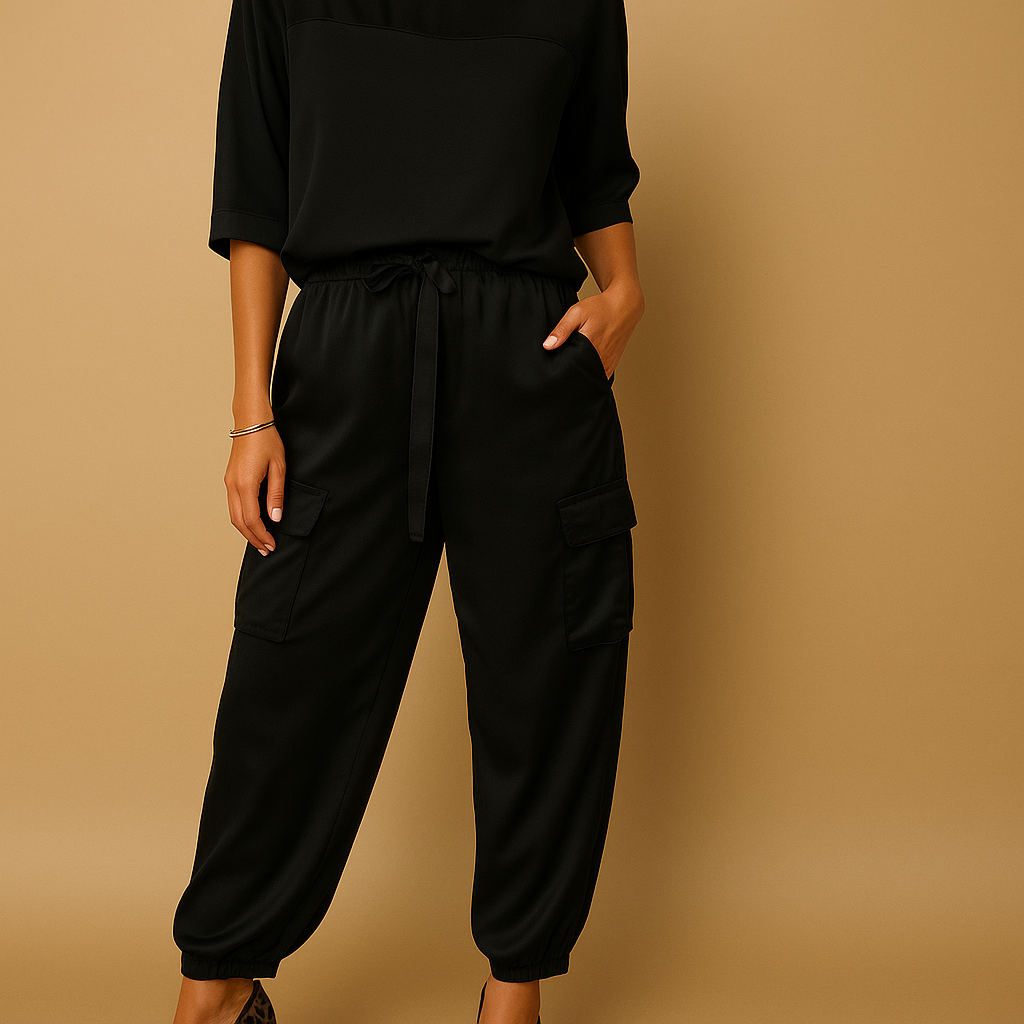 Two-piece women’s satin outfit with half-sleeve top and straight trousers in black, champagne, olive green, and dark red, perfect for autumn or elegant loungewear