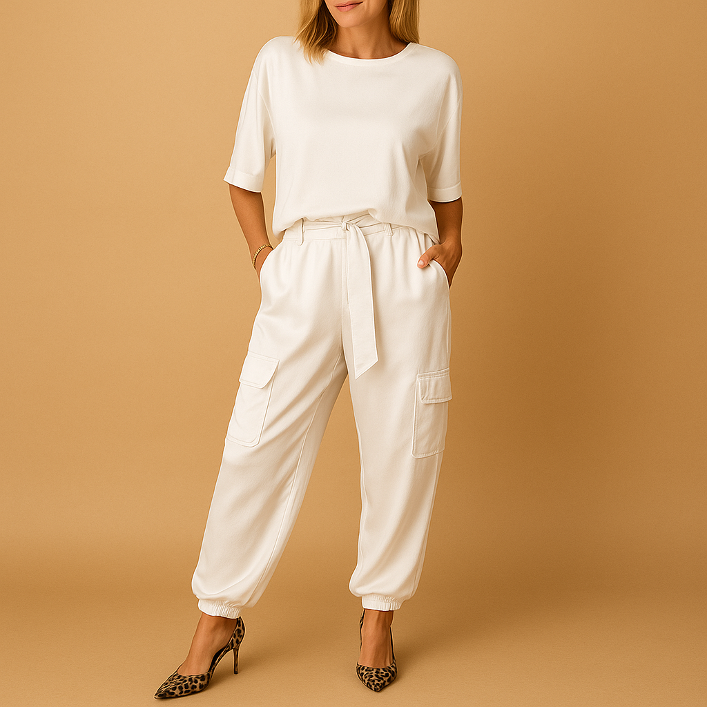Two-piece women’s satin outfit with half-sleeve top and straight trousers in black, champagne, olive green, and dark red, perfect for autumn or elegant loungewear