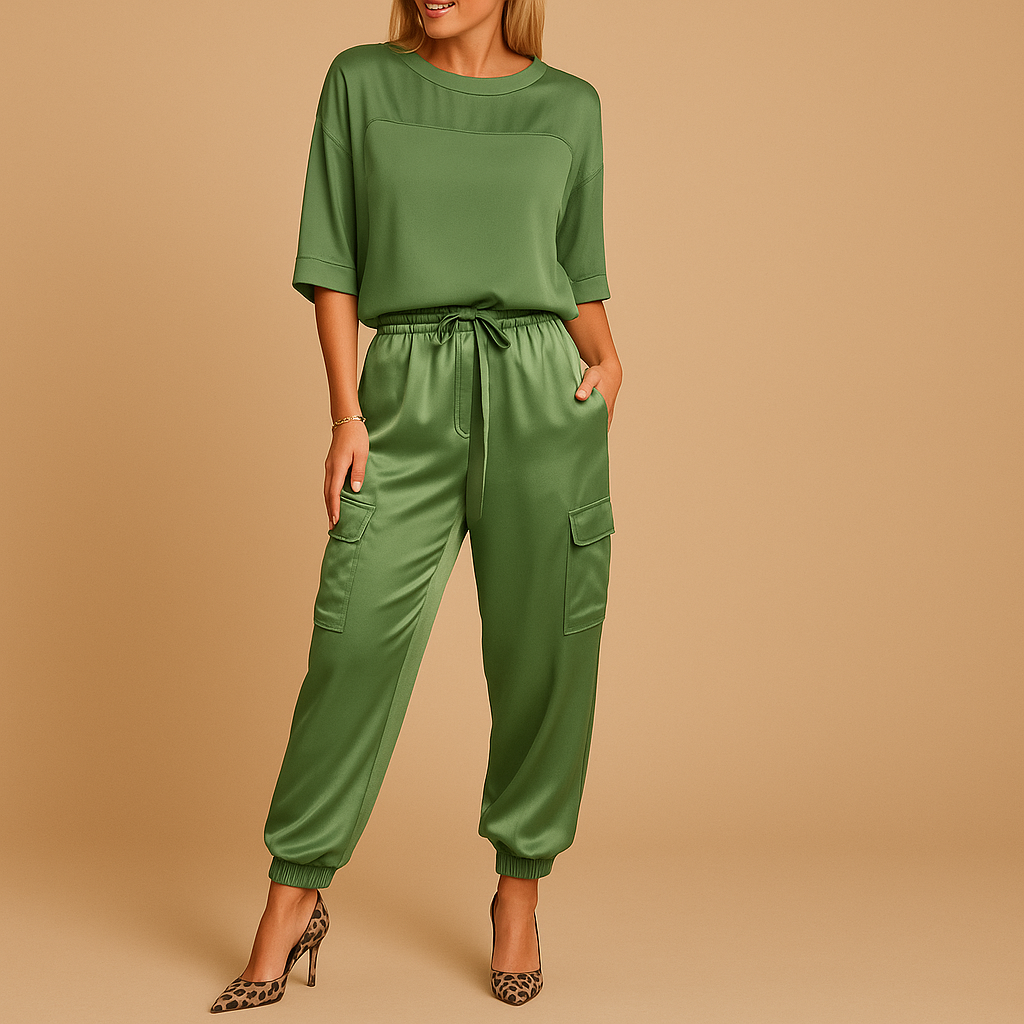 Two-piece women’s satin outfit with half-sleeve top and straight trousers in black, champagne, olive green, and dark red, perfect for autumn or elegant loungewear