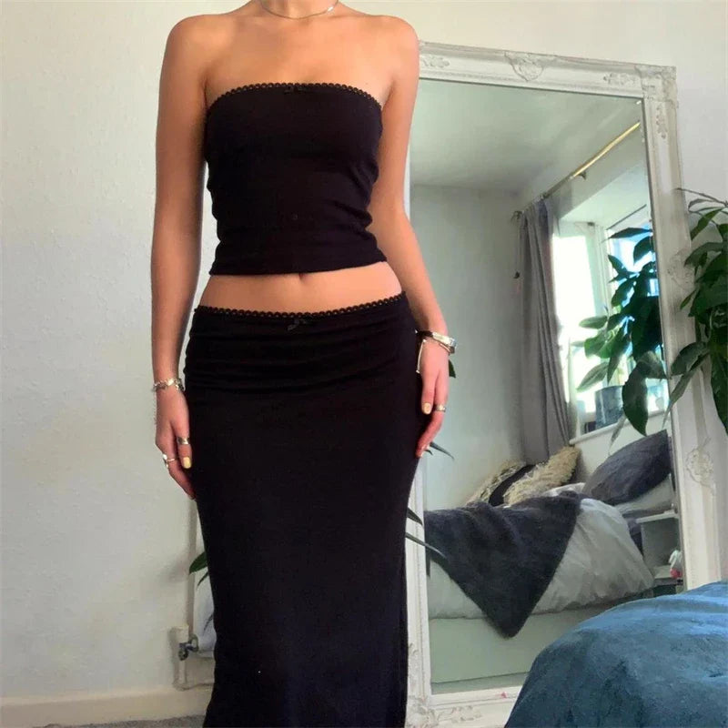 Vera | Two Piece Skirt Set - Spaghetti Strap Crop Top & Maxi Midi Skirt-1