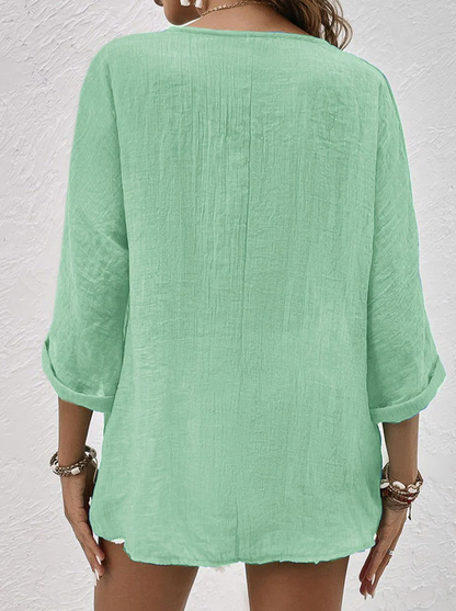 Clara | Linen Button Down Shirt for Women - V-Neck Blue Summer Top 4