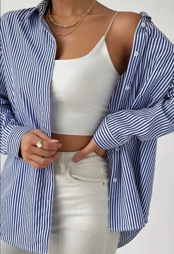 Timeless Striped Collar Long Sleeve Womens Shirt