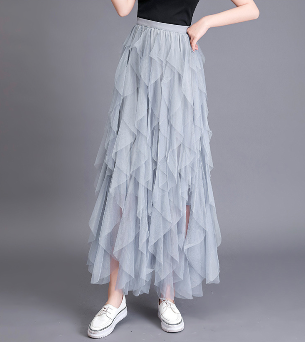 Women's Flared Mid Waist Mesh Flowy Skirt