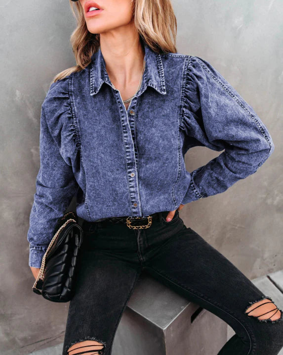 Ladies' Gathered Sleeve Blouse with Front Buttons