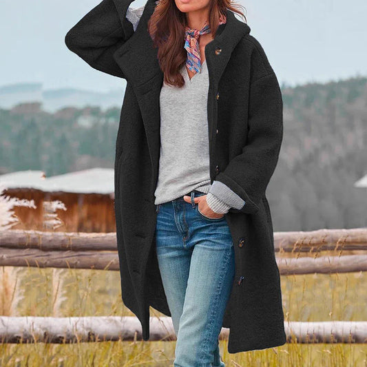 Warm Women's Parka Coat with Hood and Buttons - Luxivelle