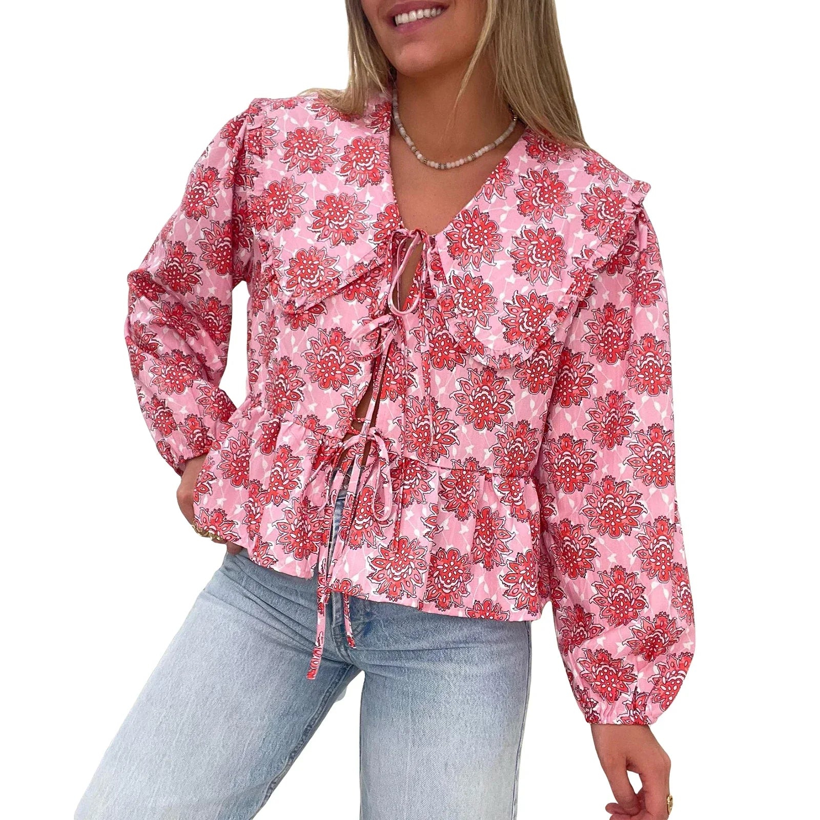 Feminine Floral Lace Trimmed Long Sleeve Top - Luxivelle