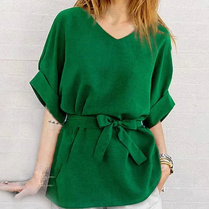 Ladies' Relaxed Fit V-Neck Blouse with Waist Belt