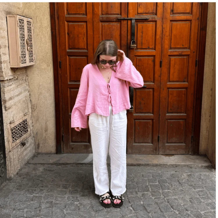Feminine Tie Front Long Sleeve Top