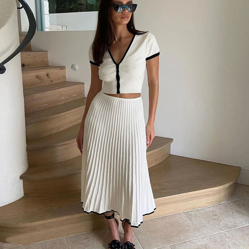 Wendy | Two Piece Skirt and Top Set - Elegant Pleated Maxi Skirt Ensemble-1