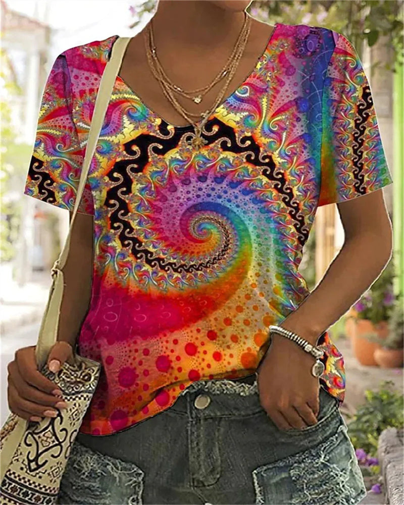 Ladies Casual V Neck Graphic Tee Shirt - Luxivelle