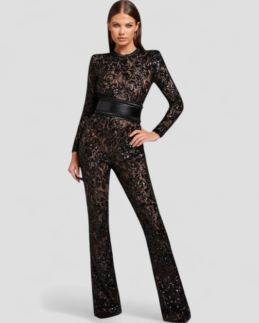 Sequin Lace Flare Jumpsuit with Waist Sculpt Detail 0