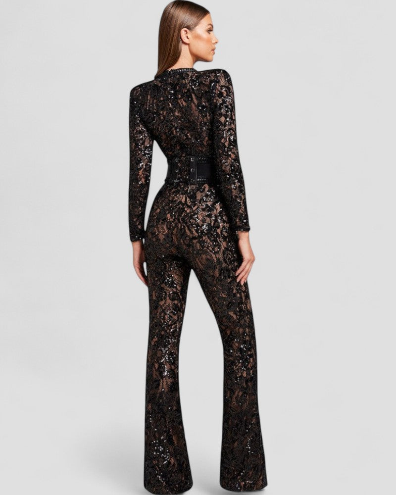 Sequin Lace Flare Jumpsuit with Waist Sculpt Detail 1