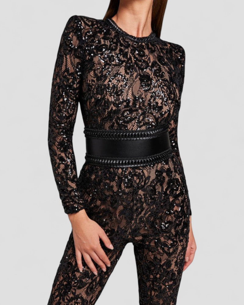 Sequin Lace Flare Jumpsuit with Waist Sculpt Detail 2
