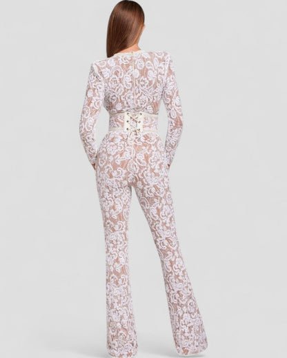 Sequin Lace Flare Jumpsuit with Waist Sculpt Detail 4