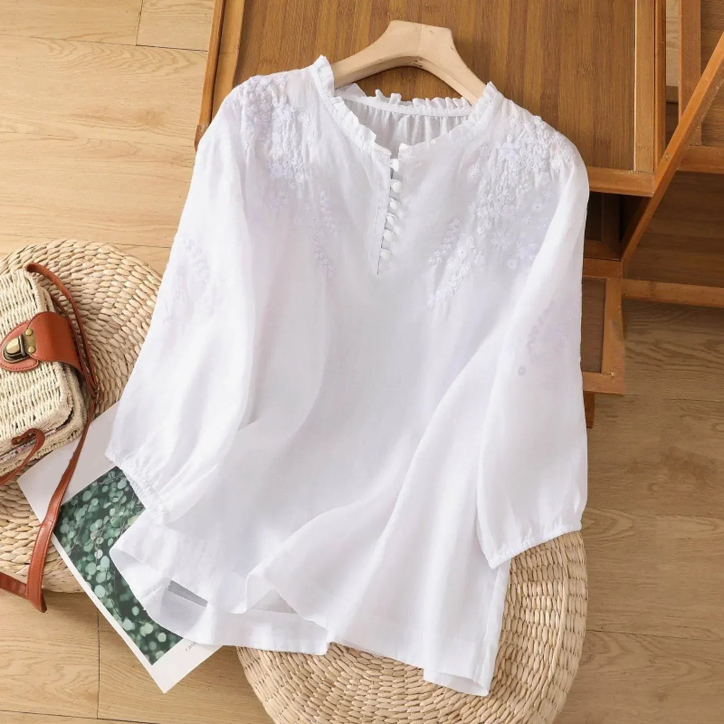Classic Embroidered Front Button Top - Luxivelle