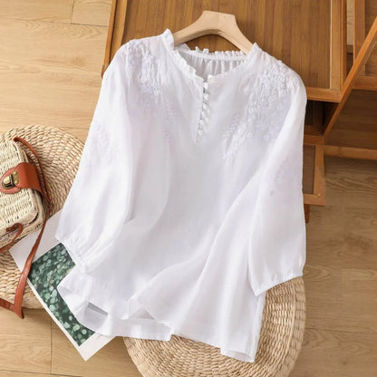 Classic Embroidered Front Button Top - Luxivelle