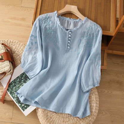 Classic Embroidered Front Button Top