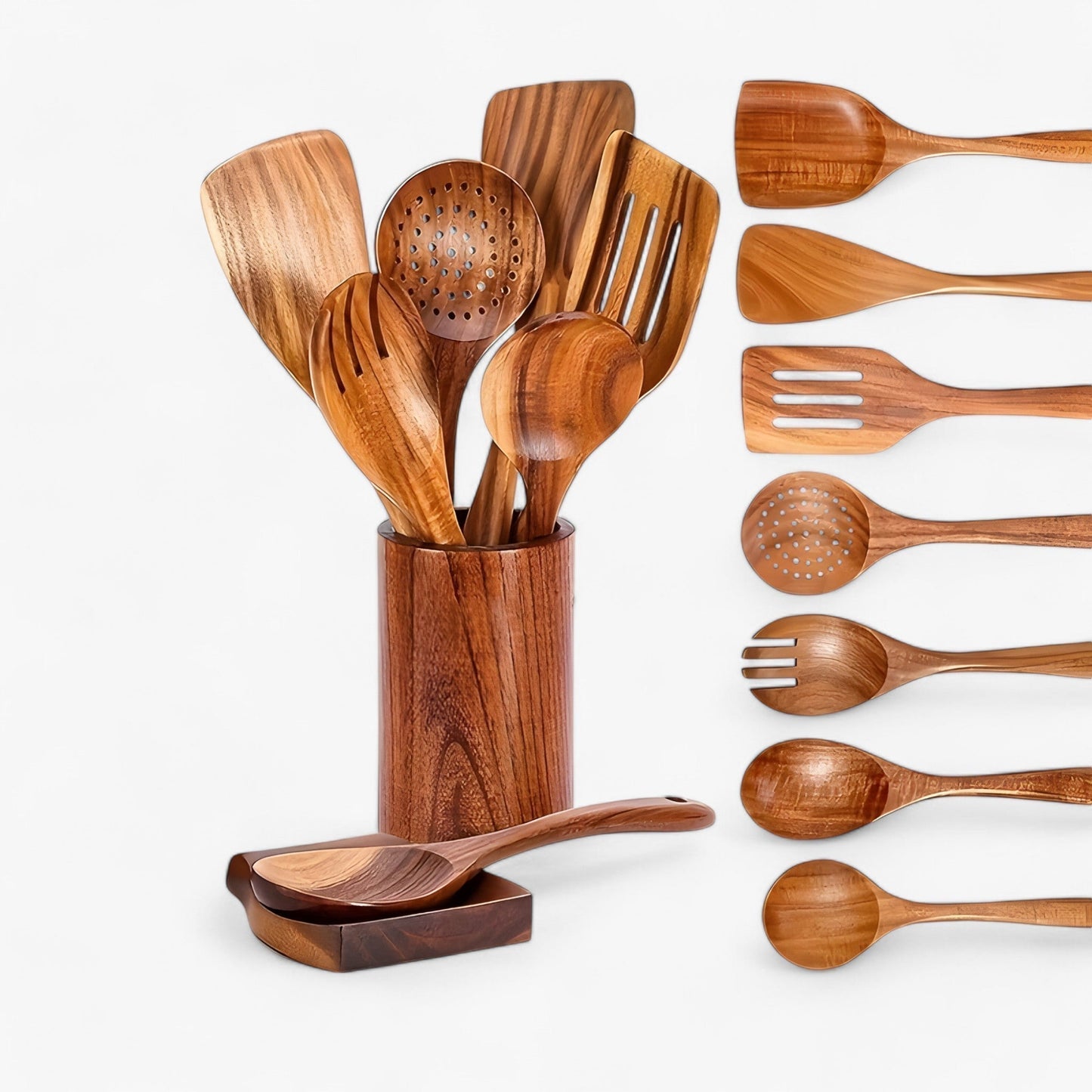 Natural Wood Kitchen Tool Set - 9 Piece Cooking Utensils - Luxivelle
