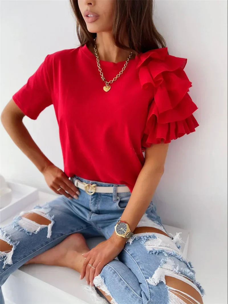 Fashionable Women's Blouse with Flirty Ruffled Sleeves - Luxivelle
