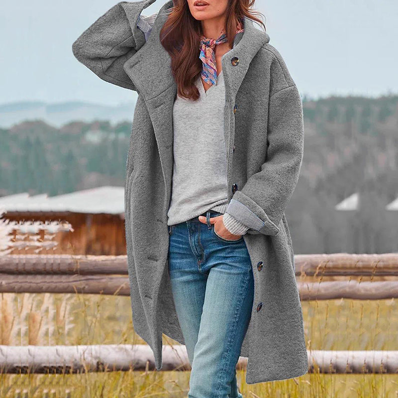 Warm Women's Parka Coat with Hood and Buttons