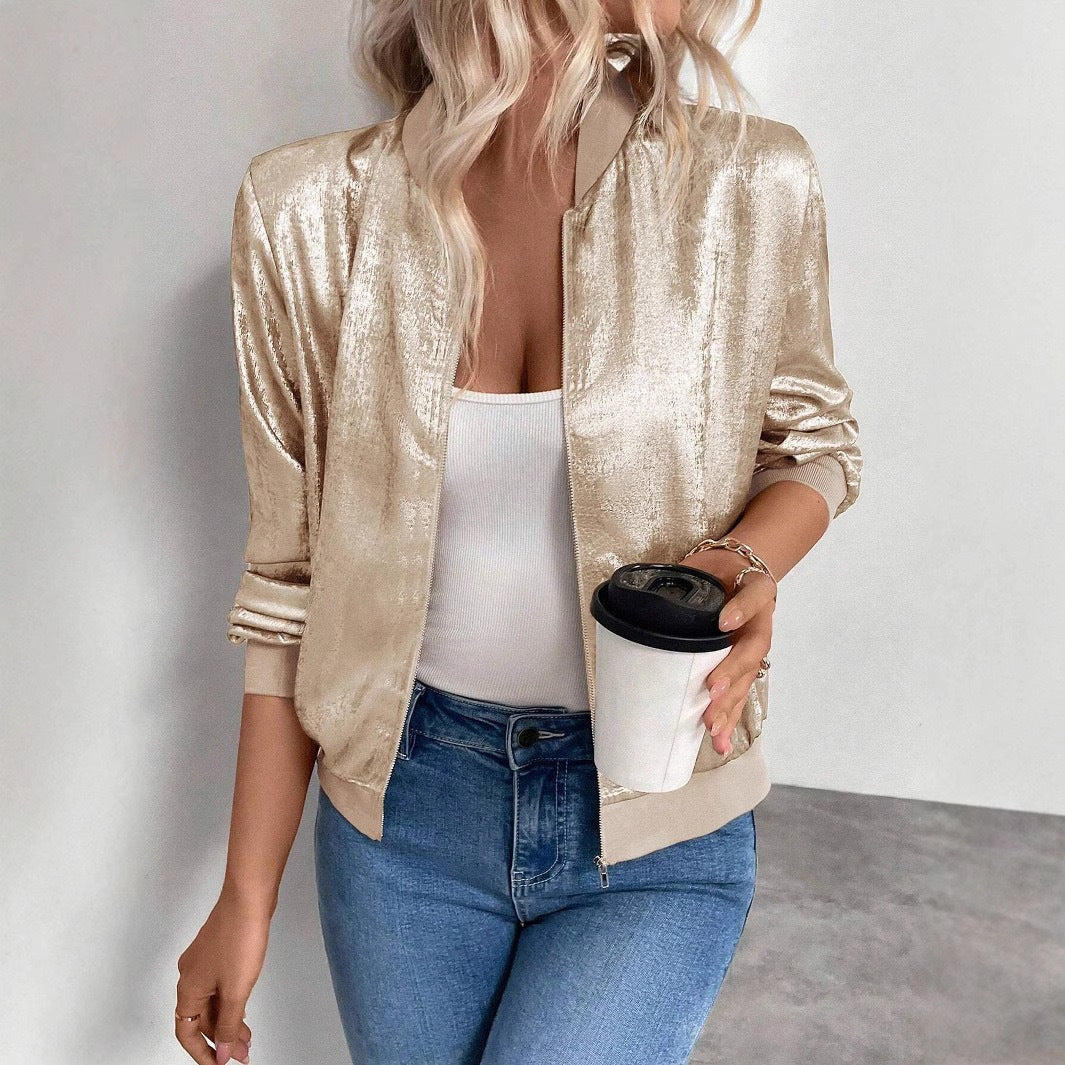 Golden Glossy Women's Bomber Coat - Luxivelle