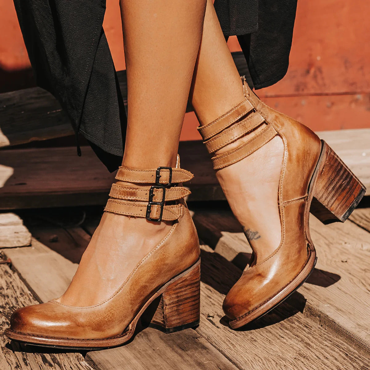 Women's High Leather Block Heel Ankle Pumps Shoes - Luxivelle