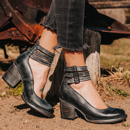 Women's High Leather Block Heel Ankle Pumps Shoes