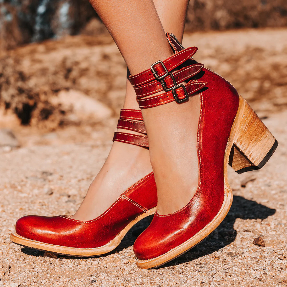 Women's High Leather Block Heel Ankle Pumps Shoes