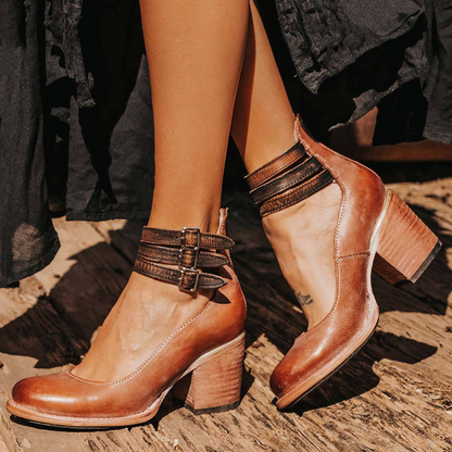 Women's High Leather Block Heel Ankle Pumps Shoes