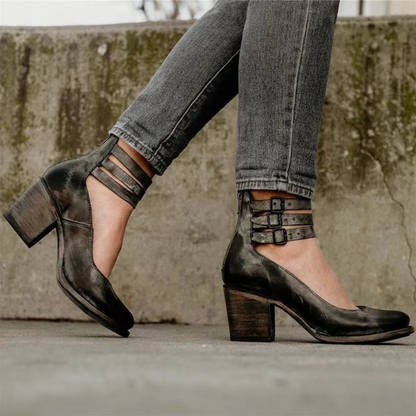 Women's High Leather Block Heel Ankle Pumps Shoes
