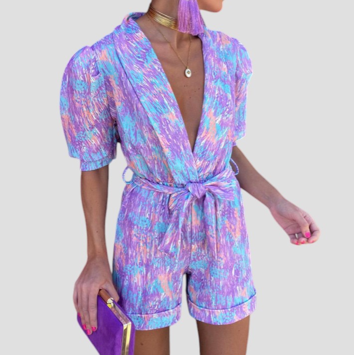 Short Sleeve Women's Jumpsuit Belted Romper 0