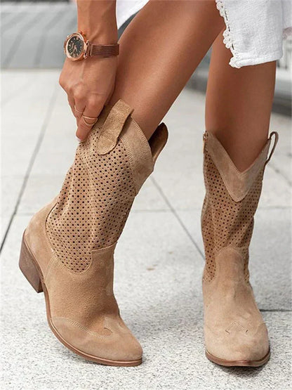 Women's Suede Ankle Cowboy Boots with Holes