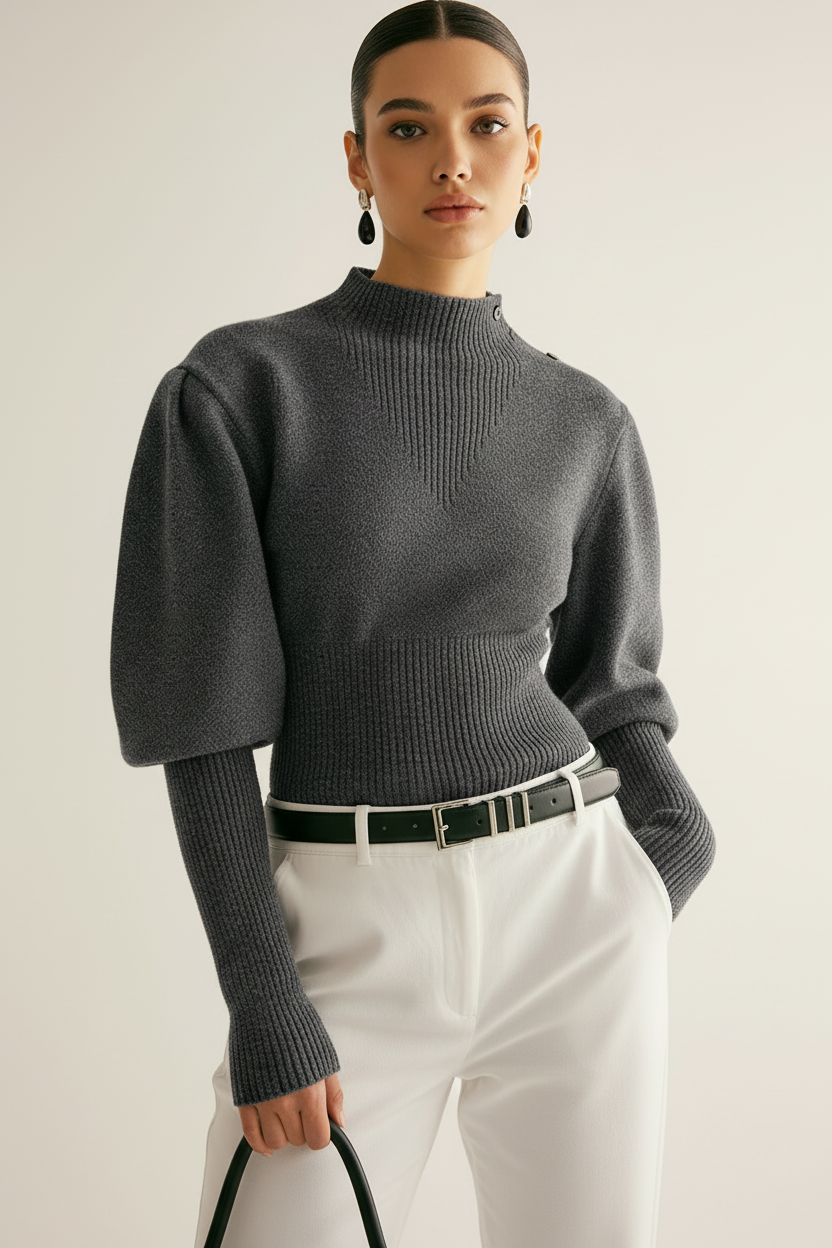 Women's Short Knit Puff Sleeve Sweater - Luxivelle