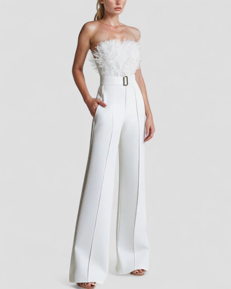 Strapless Feather Detail Evening Jumpsuit 0
