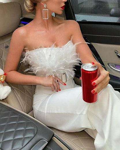 Strapless Feather Detail Evening Jumpsuit 1