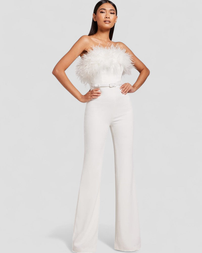 Strapless Feather Trim Wide Leg Velvet Jumpsuit for Women 0