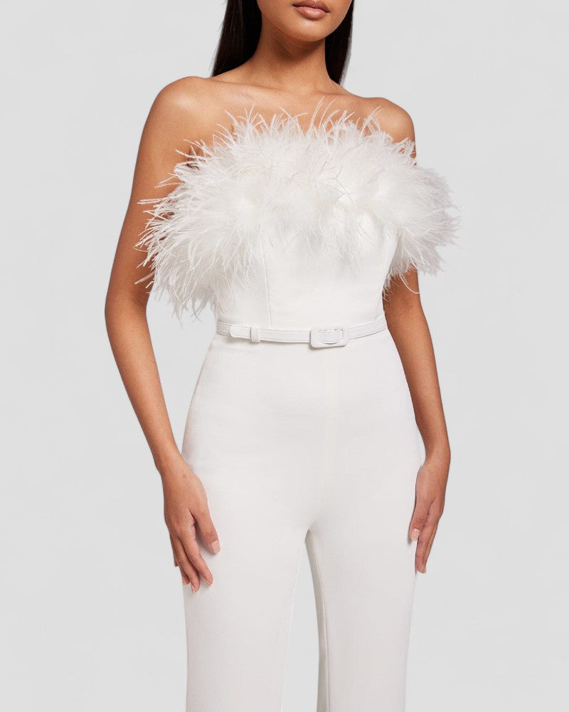 Strapless Feather Trim Wide Leg Velvet Jumpsuit for Women 1