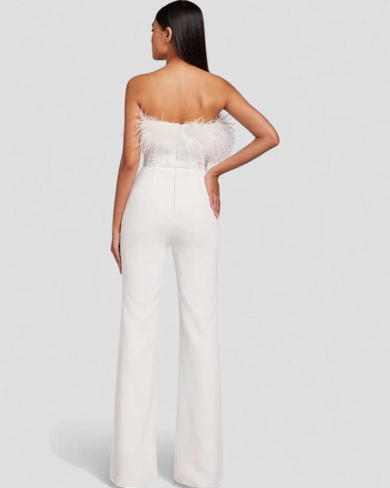 Strapless Feather Trim Wide Leg Velvet Jumpsuit for Women 2