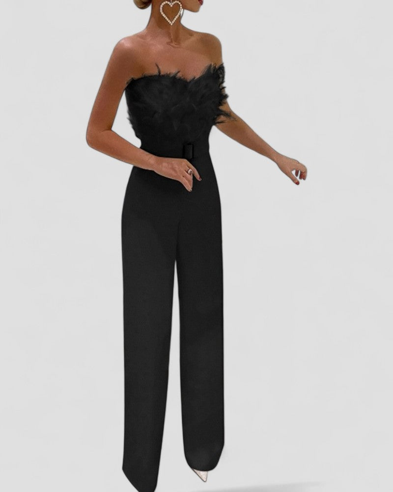 Strapless Feather Trim Wide Leg Velvet Jumpsuit for Women 4
