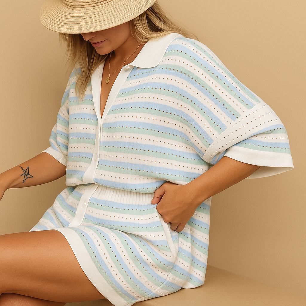 Two-piece summer outfit for women with striped button-up blouse and high-waisted shorts, perfect for vacation or casual days