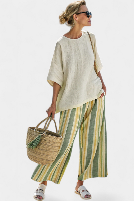 ColorfulStriped Wide Leg Linen Pants for Women - Luxivelle
