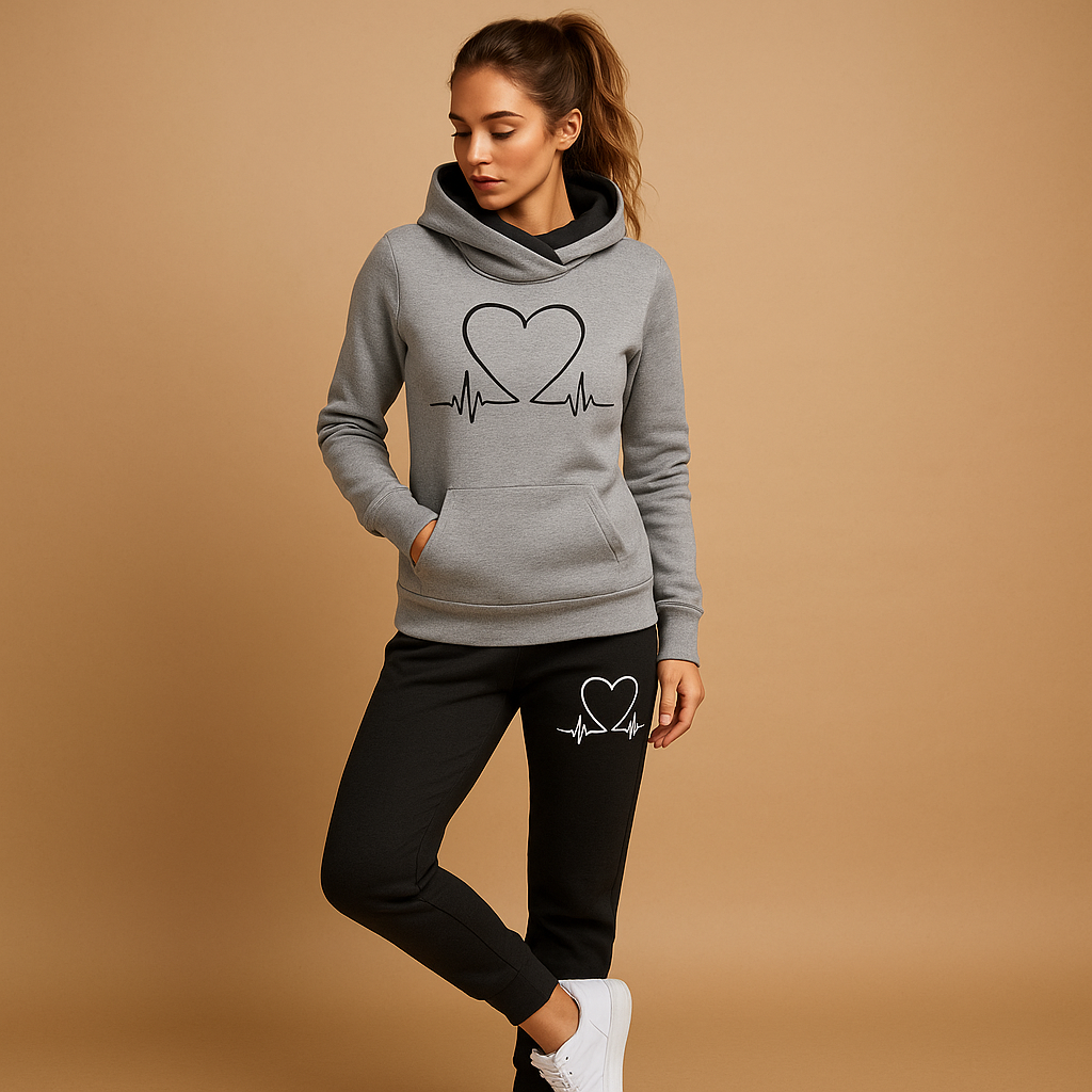 Women’s jogging set with zip-up jacket and relaxed-fit joggers in a modern streetwear design, perfect for home, errands, or weekend wear