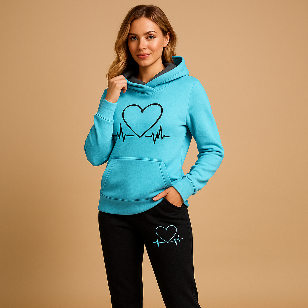 Women’s jogging set with zip-up jacket and relaxed-fit joggers in a modern streetwear design, perfect for home, errands, or weekend wear