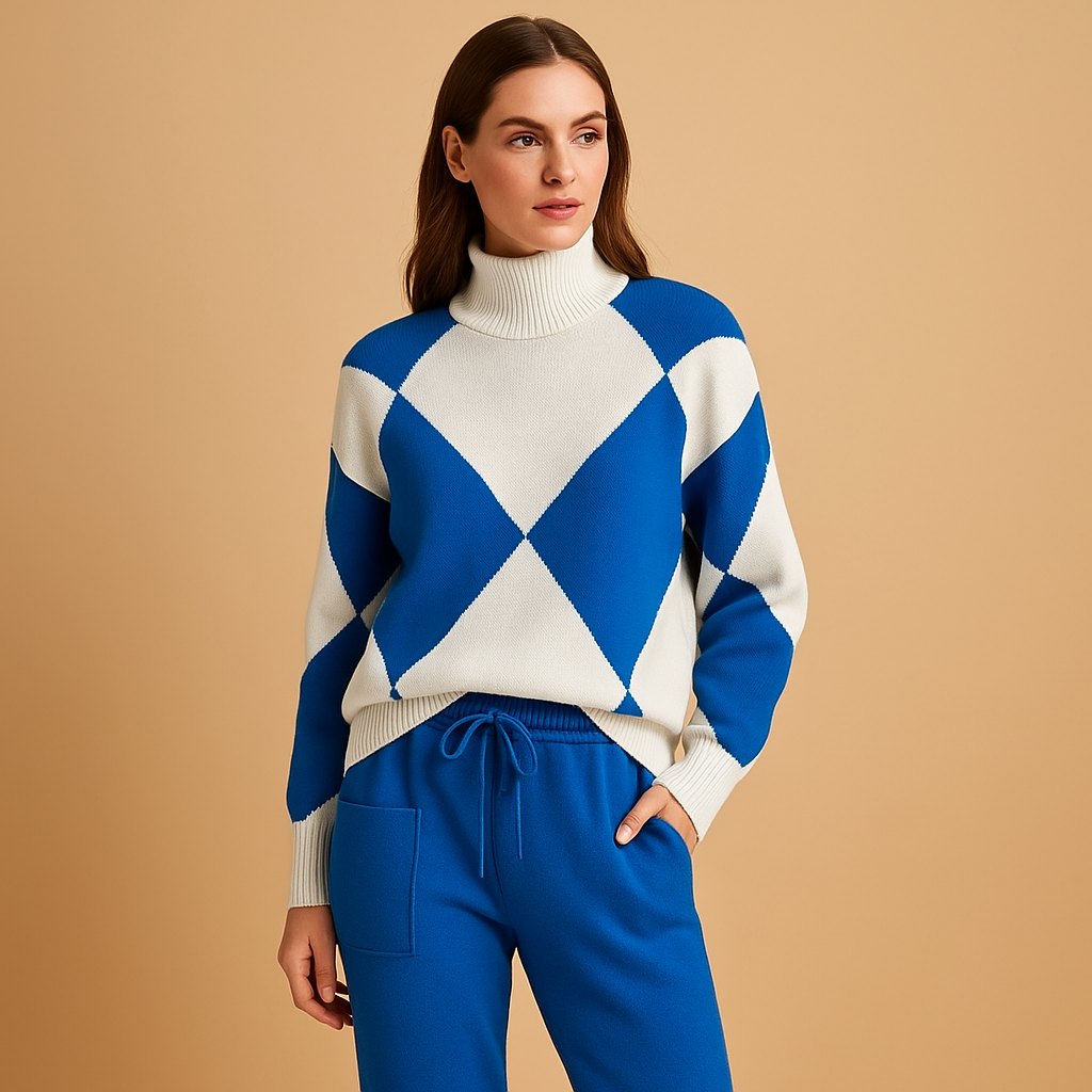 Women’s lounge set with comfortable sweatshirt and joggers in beige, red, blue, and black, ideal for relaxing at home or casual outings